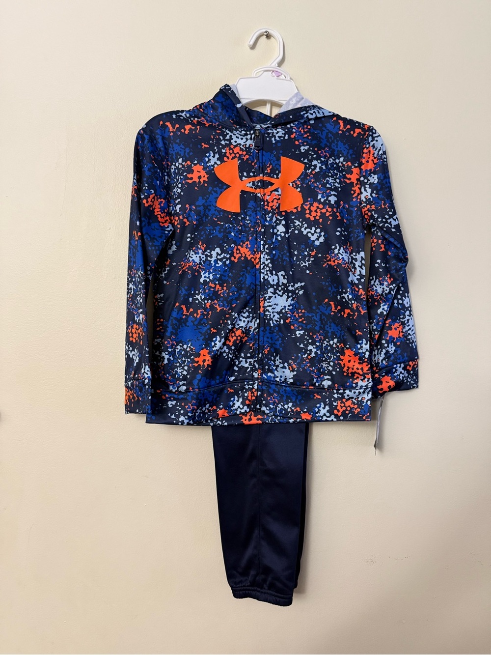 Under Armour Navy Camo Hoodie & Pants with Bright Orange Logo